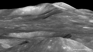 "Moon Mountain showing detailed rocky terrain and craters on the surface of the Moon under bright sunlight."
