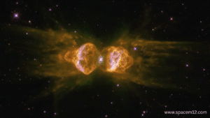 "Ant Nebula featuring bright, symmetrical gas outflows forming an ant-like structure in outer space."
