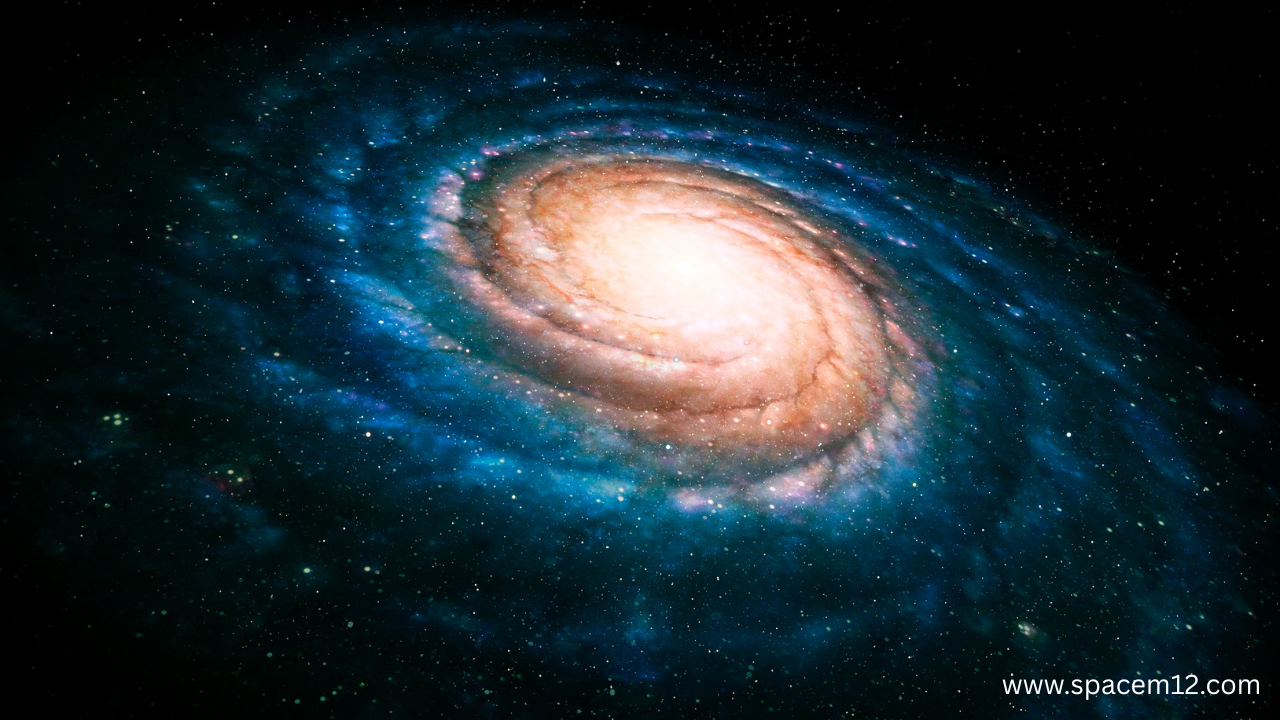 "Spiral Galaxy with bright central core and swirling arms filled with stars, gas, and dust in deep space."