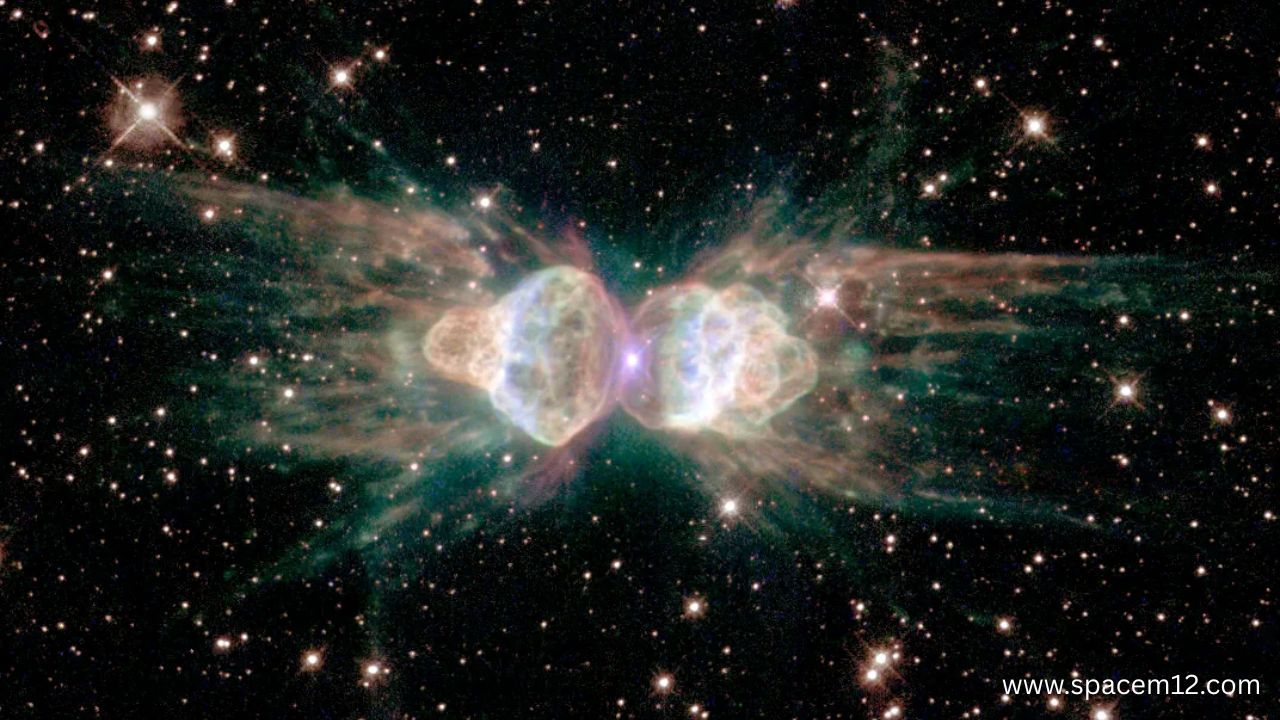 "Ant Nebula showcasing twin-lobed gas clouds resembling an ant’s shape, glowing brightly in deep space."