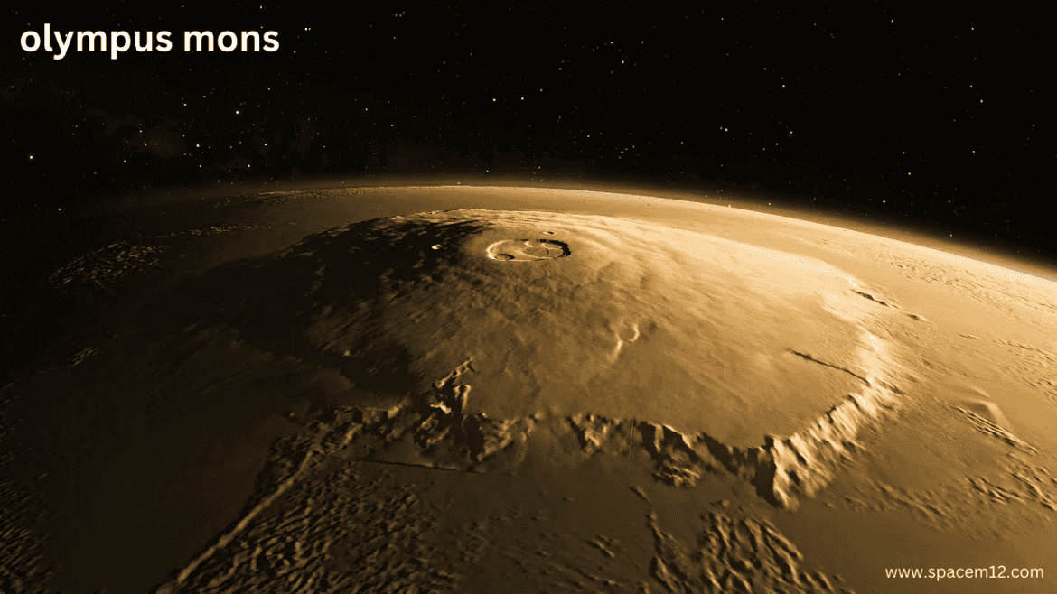 A stunning view of Olympus Mons, the tallest volcano in the solar system, showcasing its expansive caldera and gentle slopes on the surface of Mars."