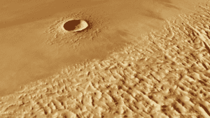 A stunning view of Olympus Mons, the tallest volcano in the solar system, showcasing its expansive caldera and gentle slopes on the surface of Mars."