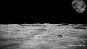 "Lunar rover driving across the Moon surface with distant mountains"
