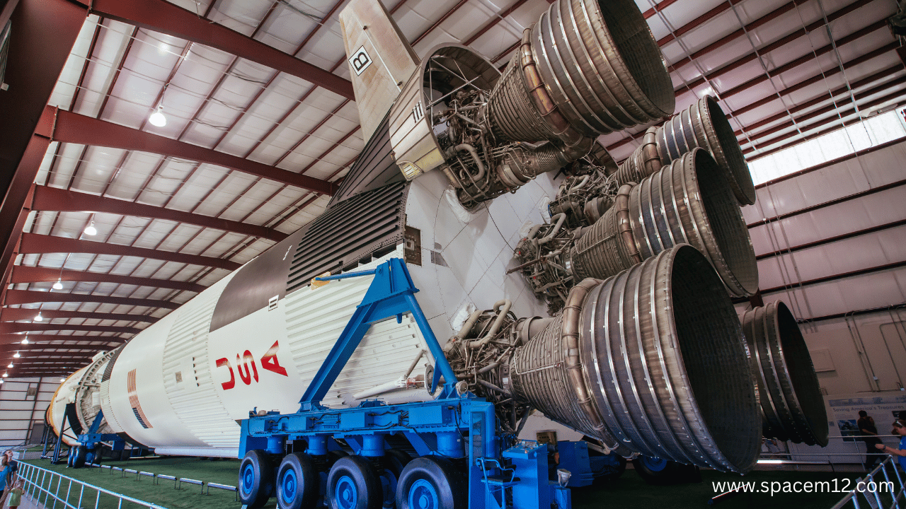 Saturn V rocket, the Apollo Moon mission launch vehicle, standing tall on the launch pad at NASA Kennedy Space Center