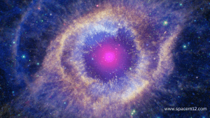 The Helix Nebula displaying a circular eye-like structure with glowing gases in blue, green, and red hues surrounding a central dying star