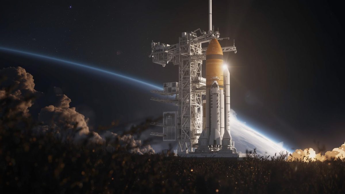 NASA Artemis II crew of four astronauts standing in front of Space Launch System rocket at Kennedy Space Center preparing for lunar mission